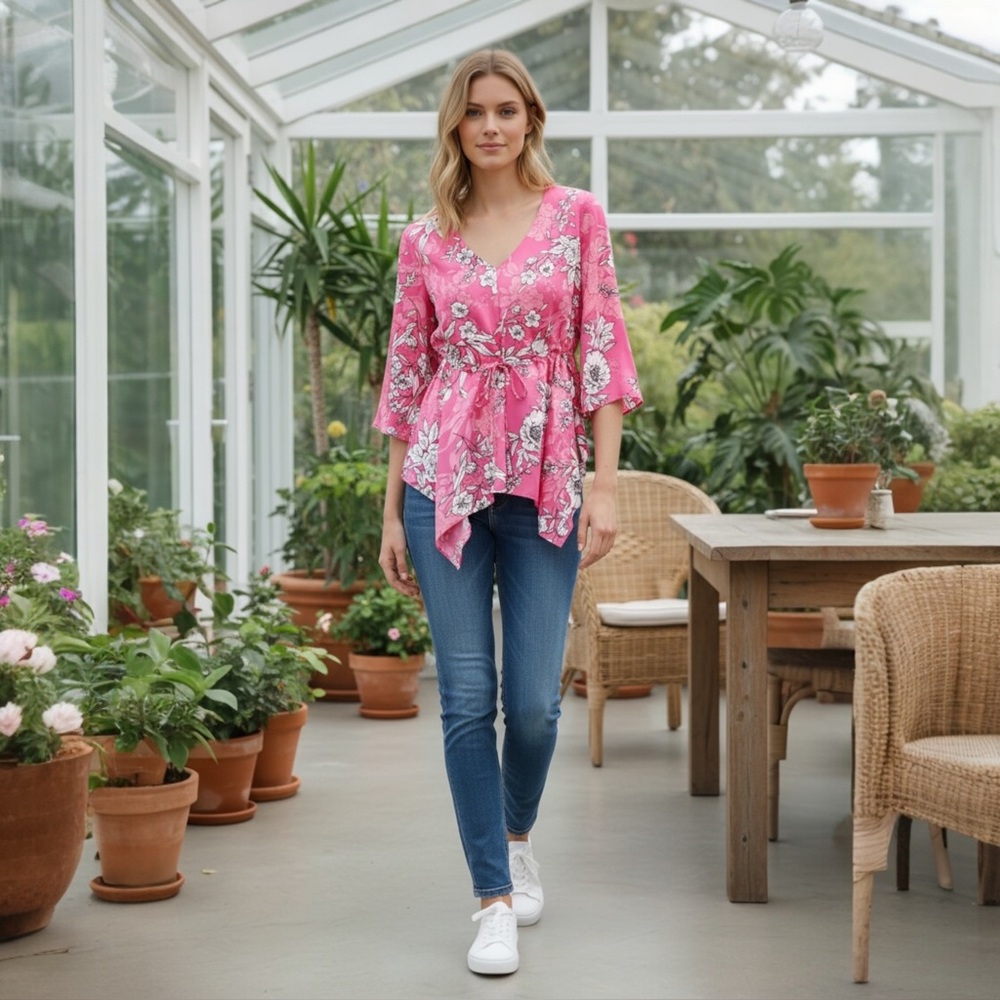 Nine West Pink Tulip Fuchsia Kimono style blouse top with flowers L NWT